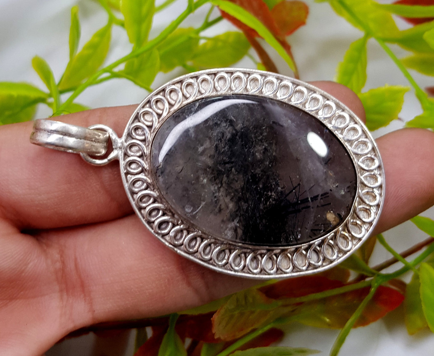 Black Rutile Silver Pendant, Rutilated Quartz Gemstone Silver Pendant, Designer Pendant,