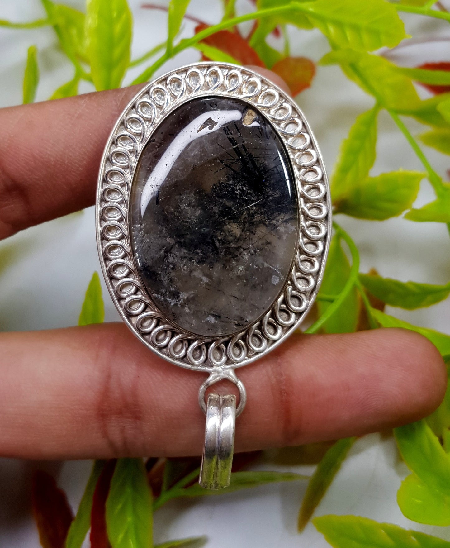 Black Rutile Silver Pendant, Rutilated Quartz Gemstone Silver Pendant, Designer Pendant,