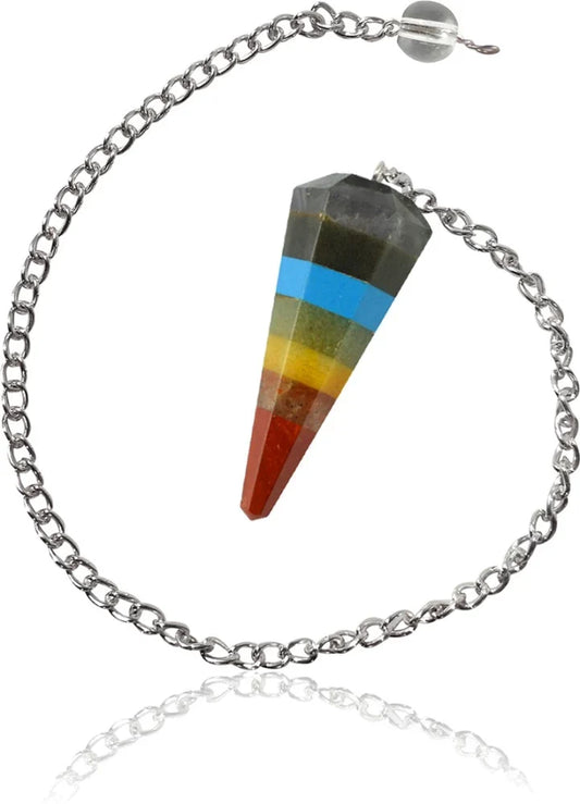 "7 Chakra crystal pendulum with a pointed gemstone tip and colorful beads representing each chakra along the chain."






