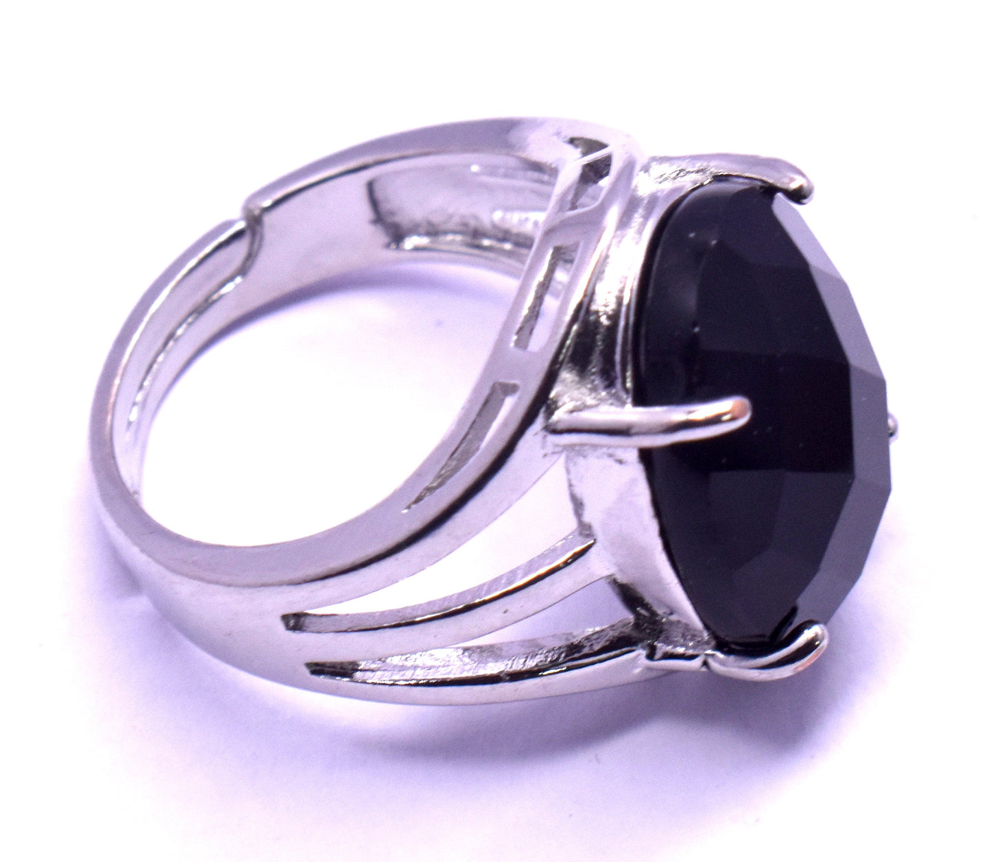 Black Onyx Faceted {Cut} Oval Shape Adjustable Ring, {Weight - 6.20 Gram}