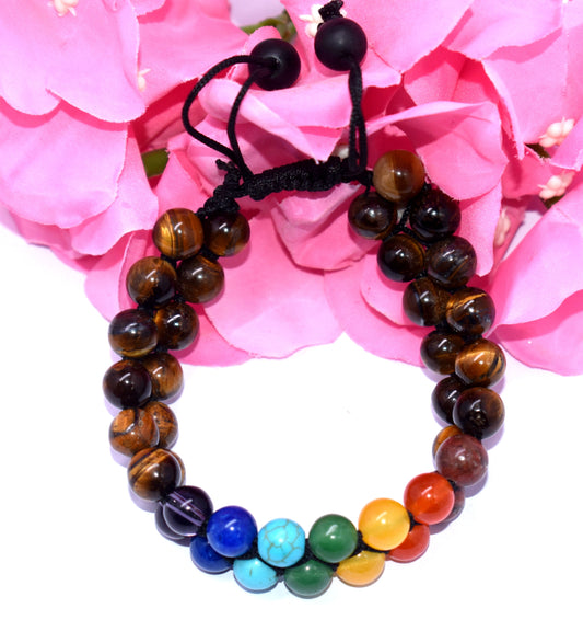 Tiger Eye With 7 Chakra Double Beaded Wire Bracelet