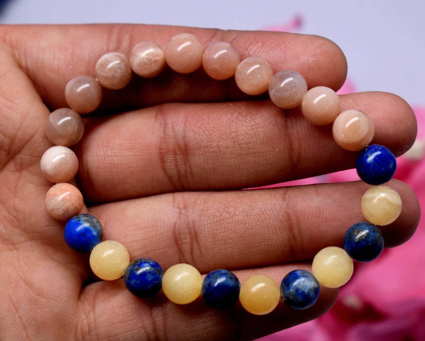 Peach Moonstone, Lapis Lazuli And Yellow calcite Bead Bracelet