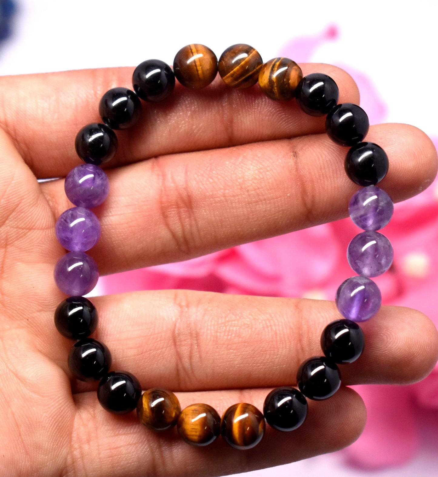 Amethyst, Tiger Eye And Black Tourmaline Bead Adjustable Bracelet