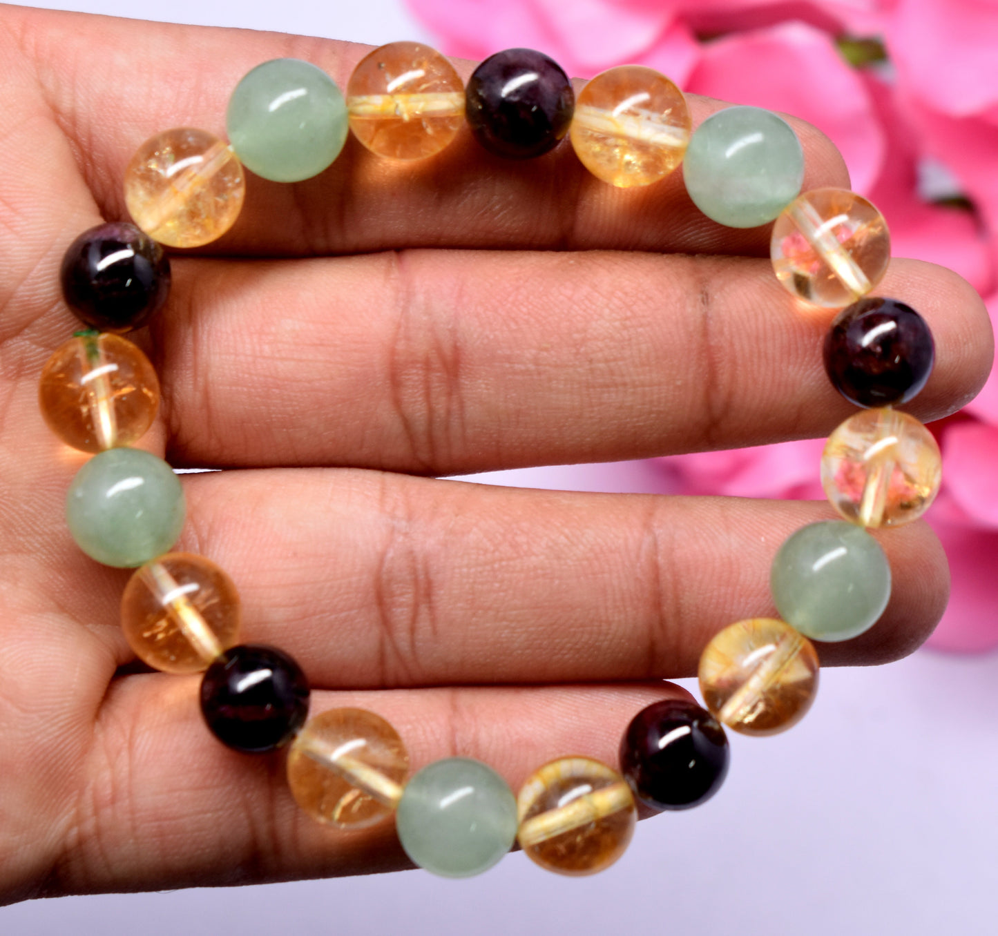 Citrine, Green Aventurine And Red Garnet Bead Bracelet