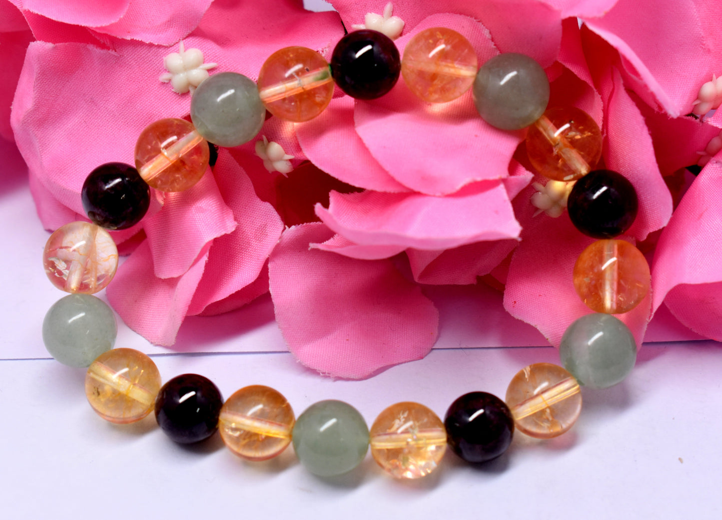 Citrine, Green Aventurine And Red Garnet Bead Bracelet