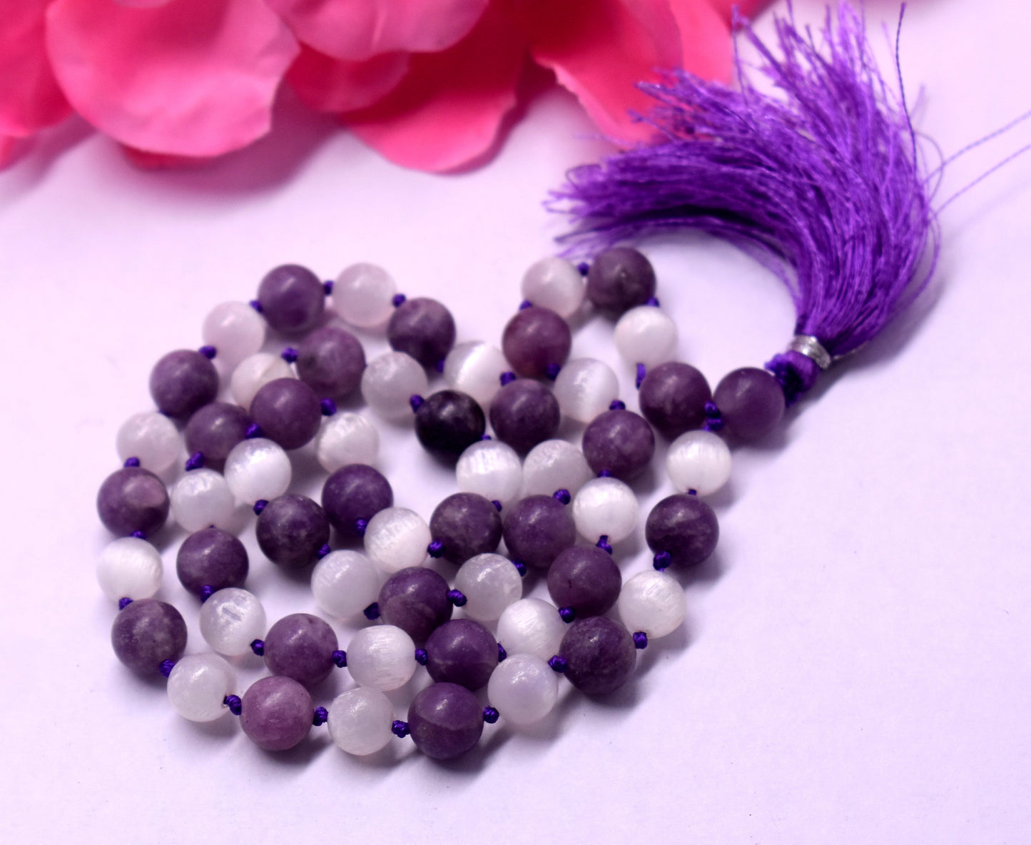 Selenite And Lepidolite 55 Bead Knotted Jap Mala