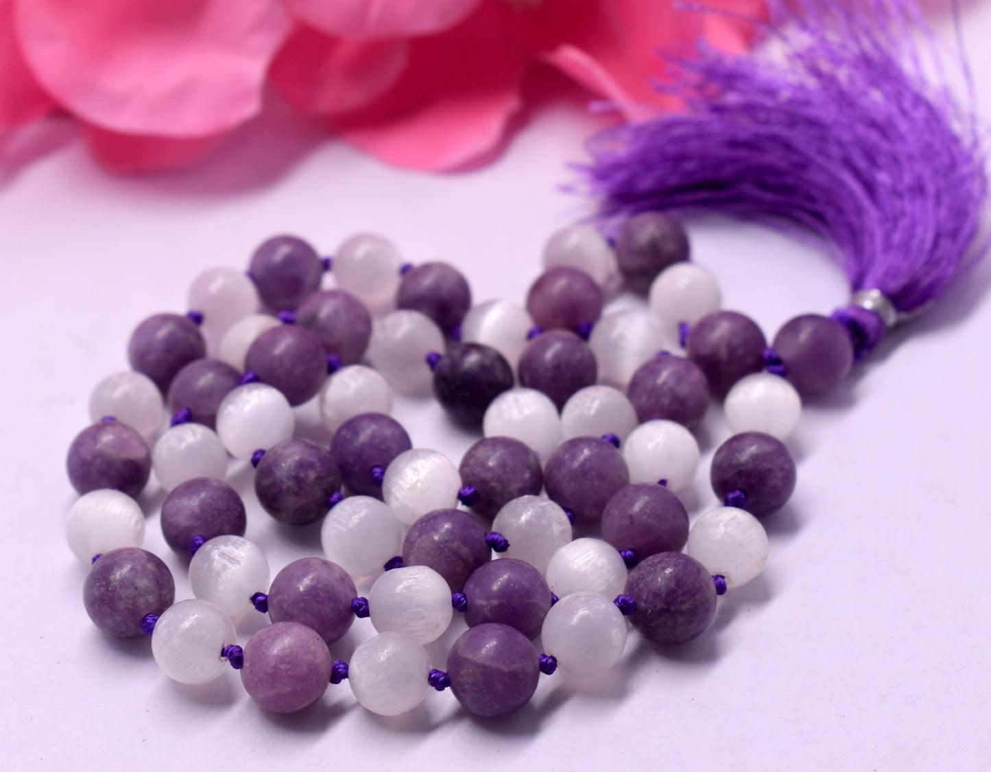 Selenite And Lepidolite 55 Bead Knotted Jap Mala