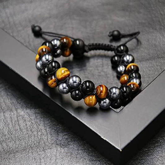 Pyrite And Tiger Eye Double Beaded Wire Crystal Bracelet,