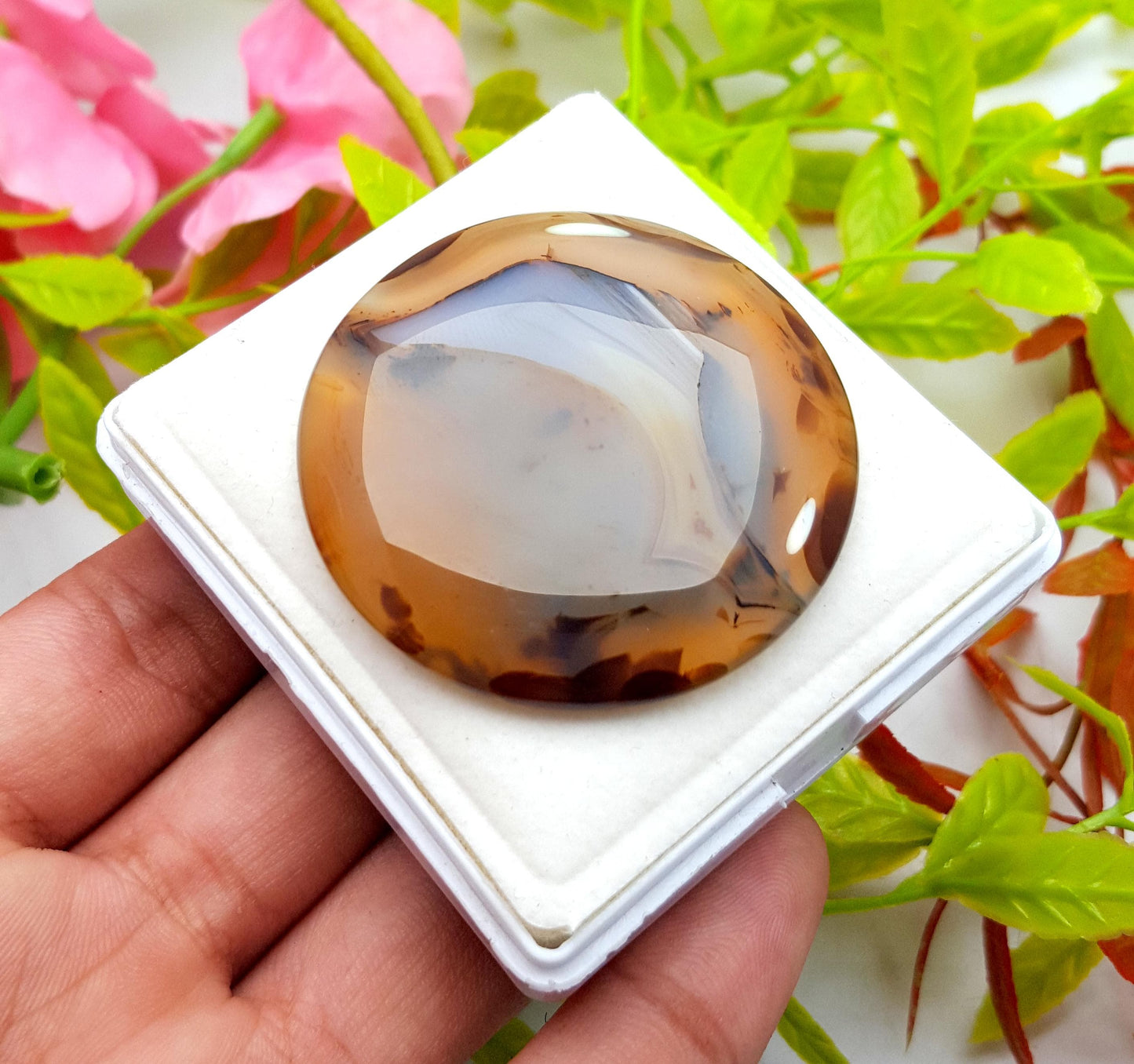 Montana Agate, Round Smooth Cabochon Loose Gemstone, 113.50 Carat, Size-46x46x6mm,