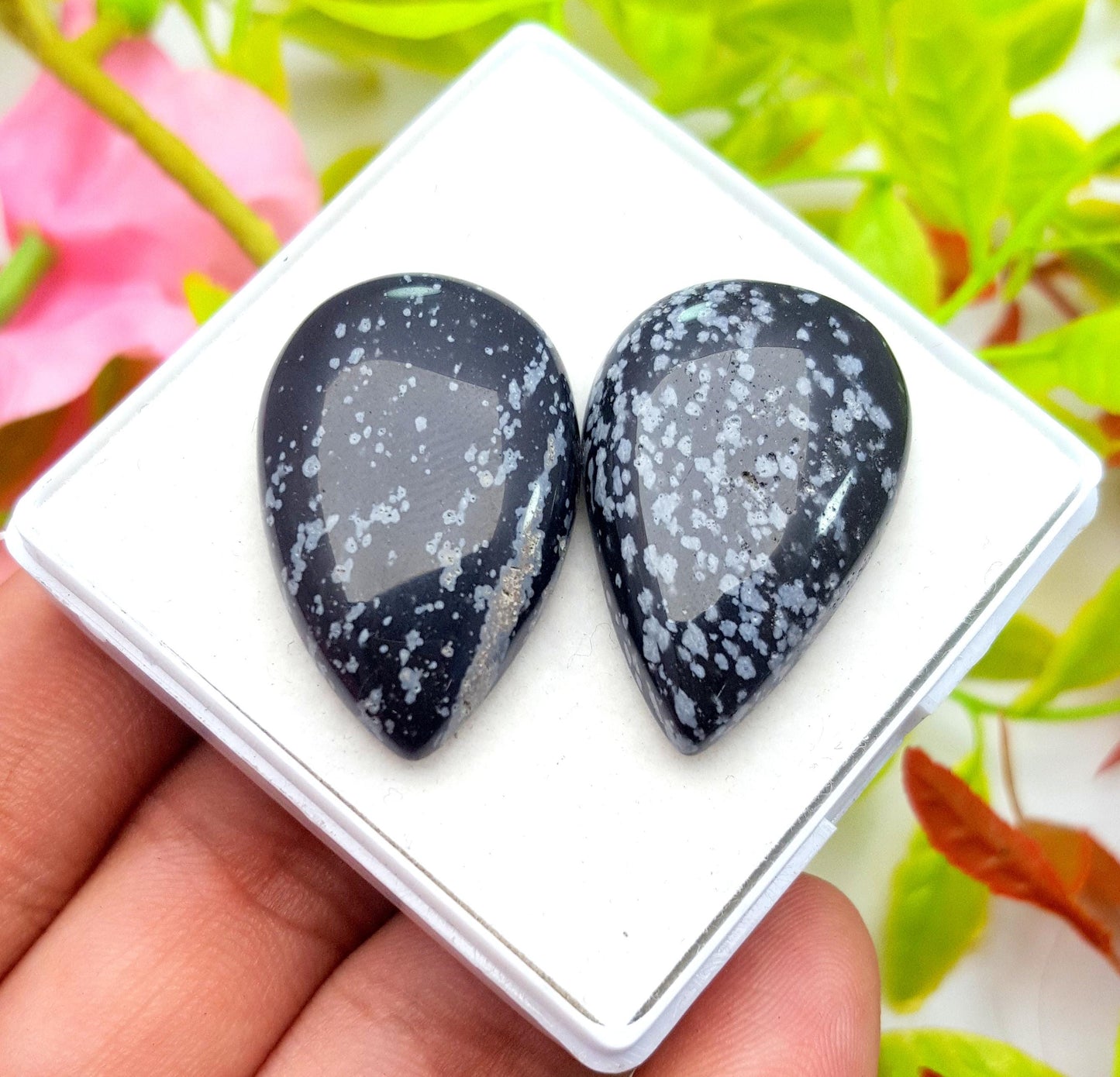 Obsidian, 100% Natural Snow Flake Obsidian, Pear Smooth Cabochon Gemstone Lot, 50.99 Carat, Size-31x20x6mm To 31x19x6mm, Gift For Her, PC-2