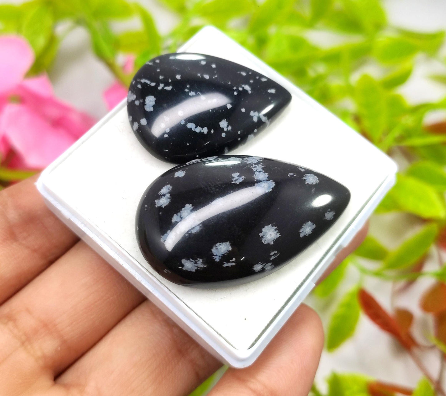 Obsidian, 100% Natural Snow Flake Obsidian, Pear Smooth Cabochon Gemstone Lot, 78.40 Carat, Size-39x24x7mm To 32x24x5mm, Gift For Her, PC-2