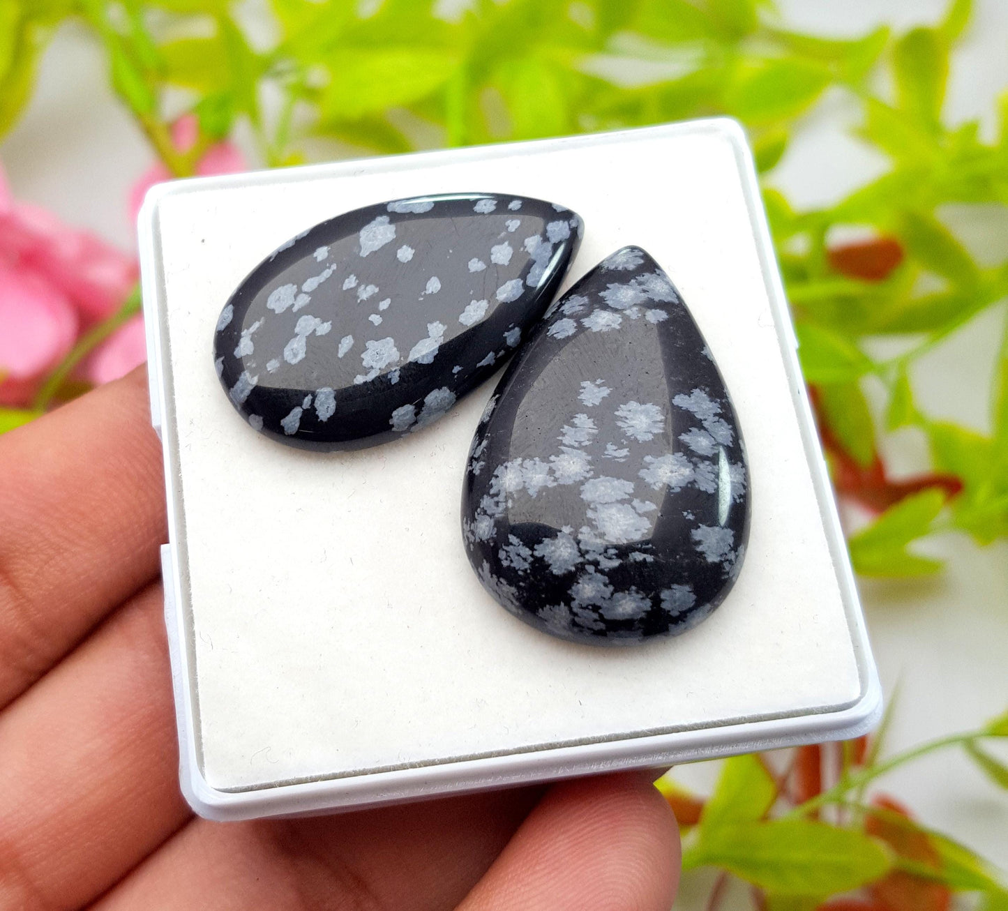 Obsidian, 100% Natural Snow Flake Obsidian, Pear Smooth Cabochon Gemstone Lot, 41.10 Carat, Size-29x21x4mm To 28x20x5mm, Gift For Her, PC-2