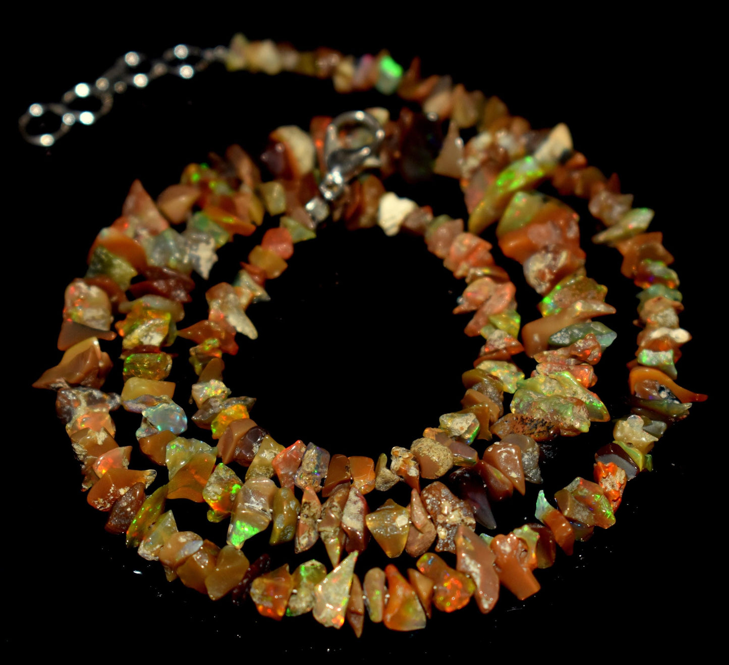 100% Natural Ethiopian Opal, Chips Beaded Hook Lock Necklace, 63.40 Ct, Bead Size-11mm To 4mm Long, Necklace Length- 18'' Inches,