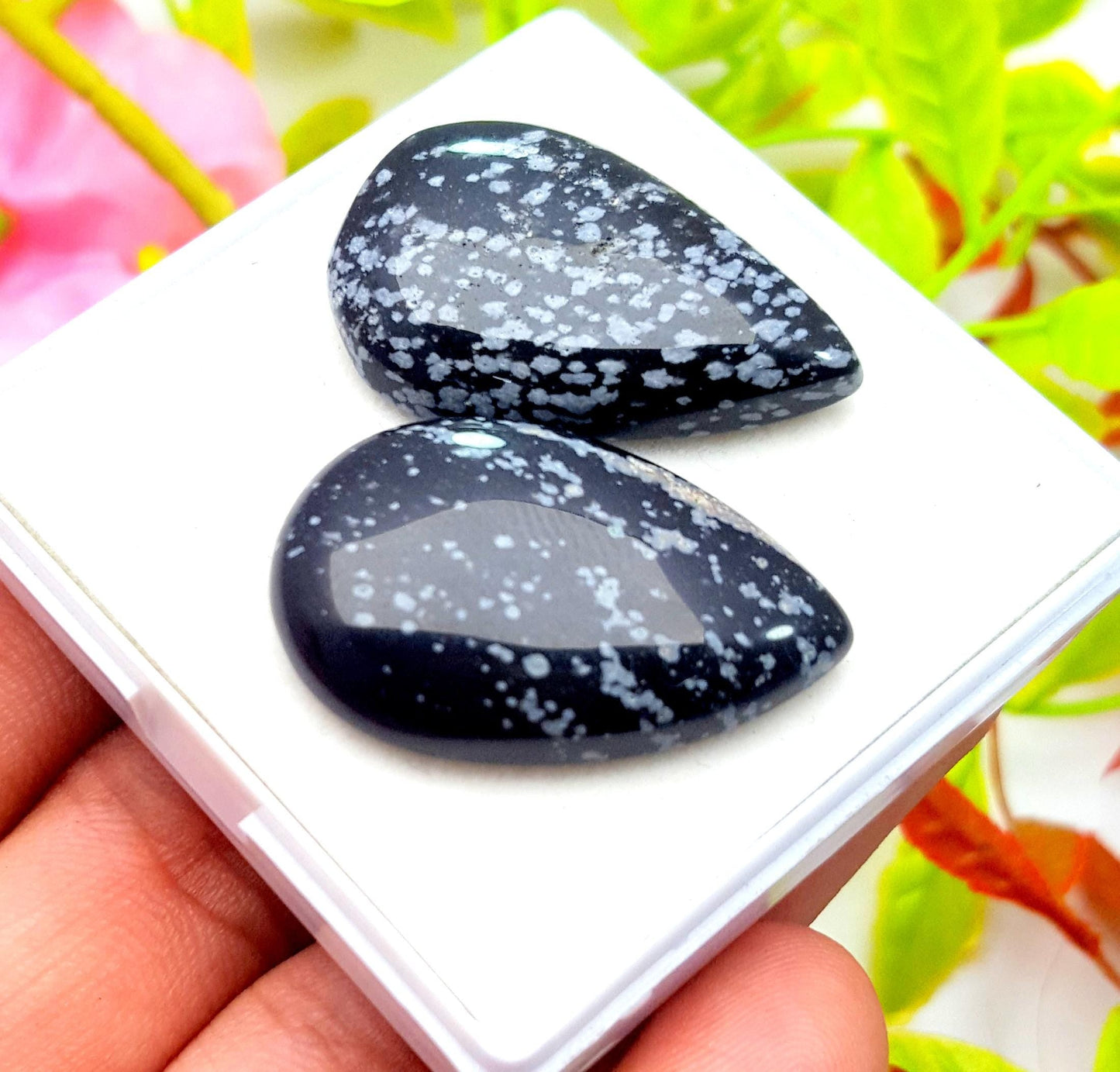 Obsidian, 100% Natural Snow Flake Obsidian, Pear Smooth Cabochon Gemstone Lot, 50.99 Carat, Size-31x20x6mm To 31x19x6mm, Gift For Her, PC-2