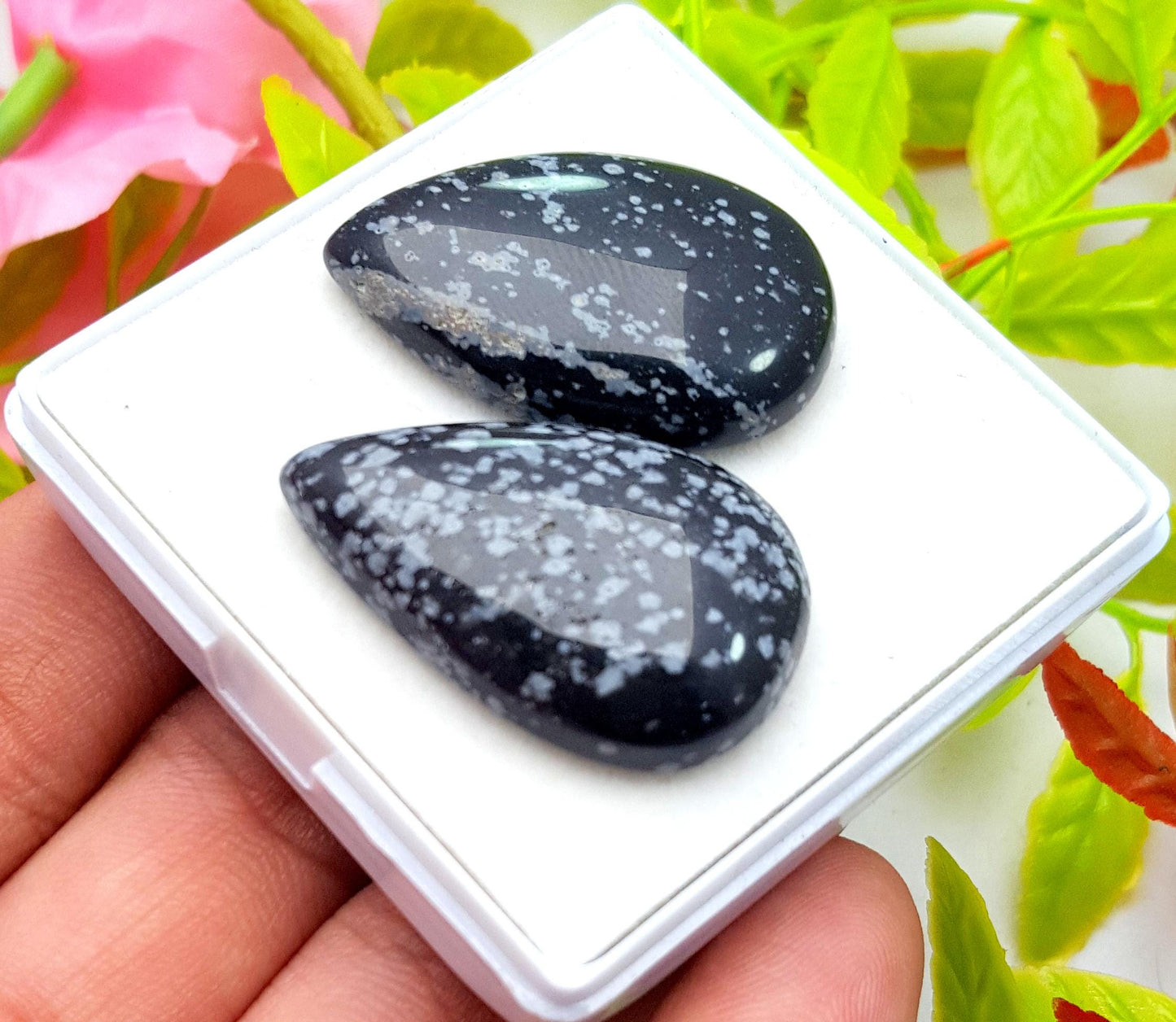 Obsidian, 100% Natural Snow Flake Obsidian, Pear Smooth Cabochon Gemstone Lot, 50.99 Carat, Size-31x20x6mm To 31x19x6mm, Gift For Her, PC-2