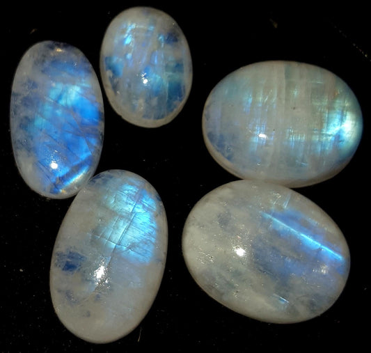 Moonstone, Natural Rainbow Moonstone, Oval Blue Flashy Gemstone Lot, 42.10 Carat, Size-12x9x6mm To 16x13x6mm, Gift For Her, Pc-5