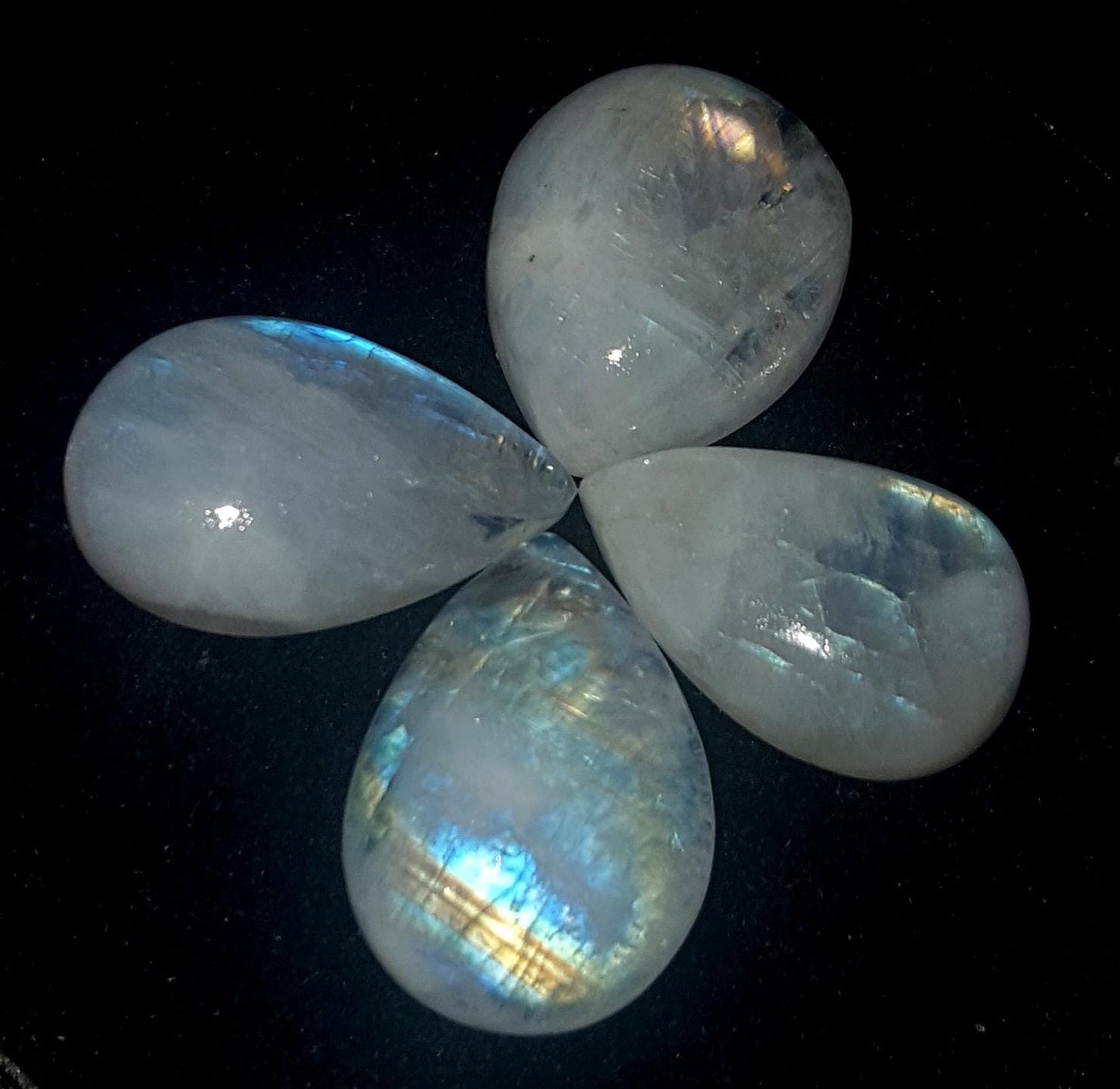 Moonstone, Natural Rainbow Moonstone, Pear Blue Flashy Gemstone Lot, 27.85 Carat, Size-11x17x5.5mm To 12.5x15x6mm, Gift For Her, Pc-4