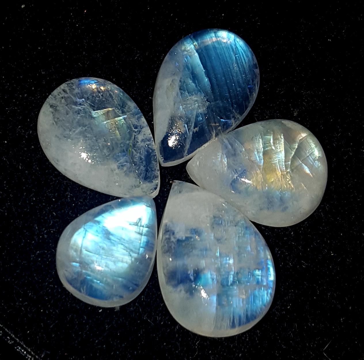 Moonstone, Natural Rainbow Moonstone, Pear Blue Flashy Gemstone Lot, 21.10 Carat, Size-9x11x4.5mm To 10.5x15x5mm, Gift For Her, Pc-5