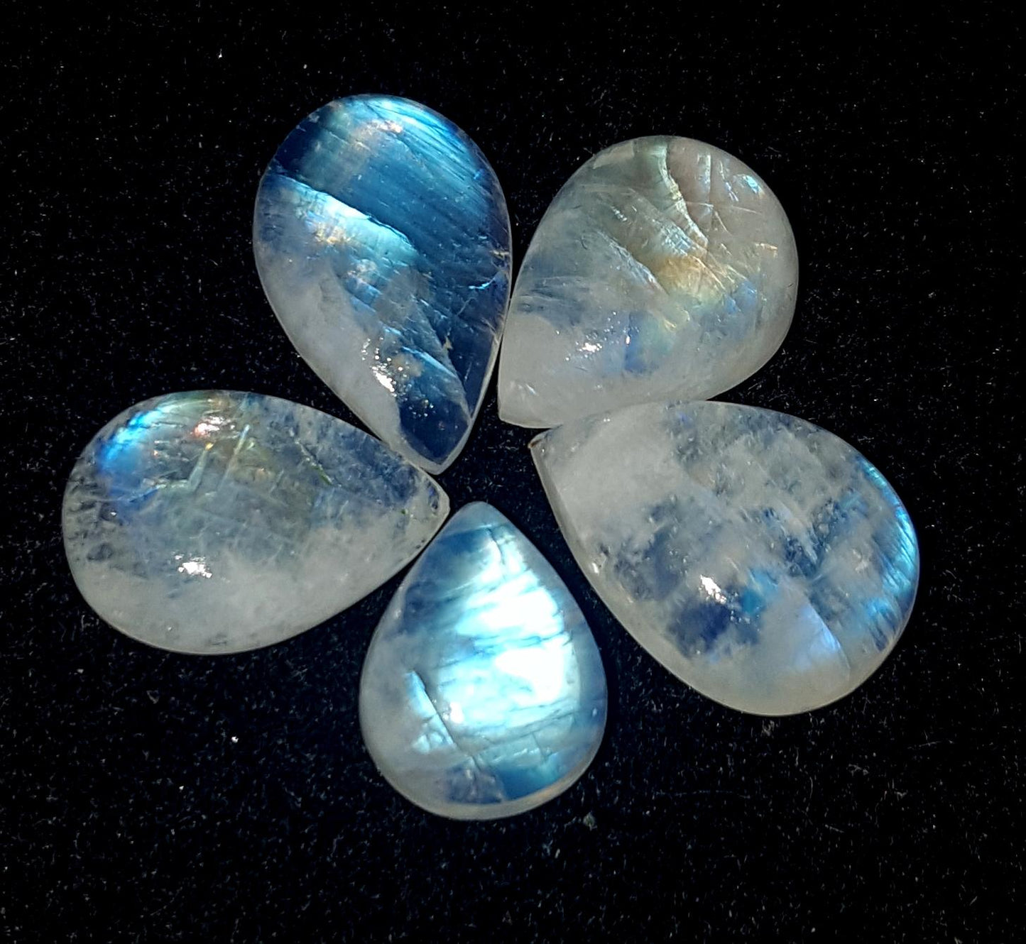 Moonstone, Natural Rainbow Moonstone, Pear Blue Flashy Gemstone Lot, 21.10 Carat, Size-9x11x4.5mm To 10.5x15x5mm, Gift For Her, Pc-5