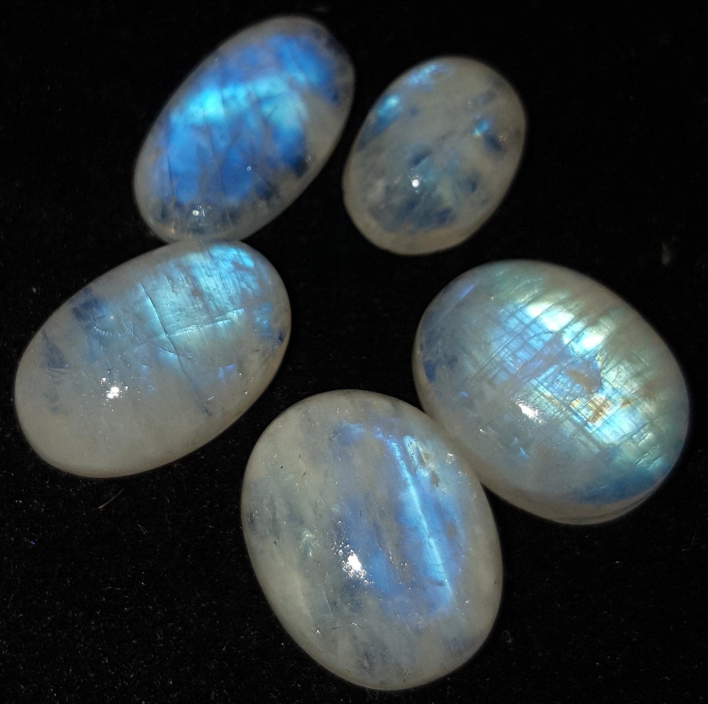 Moonstone, Natural Rainbow Moonstone, Oval Blue Flashy Gemstone Lot, 42.10 Carat, Size-12x9x6mm To 16x13x6mm, Gift For Her, Pc-5