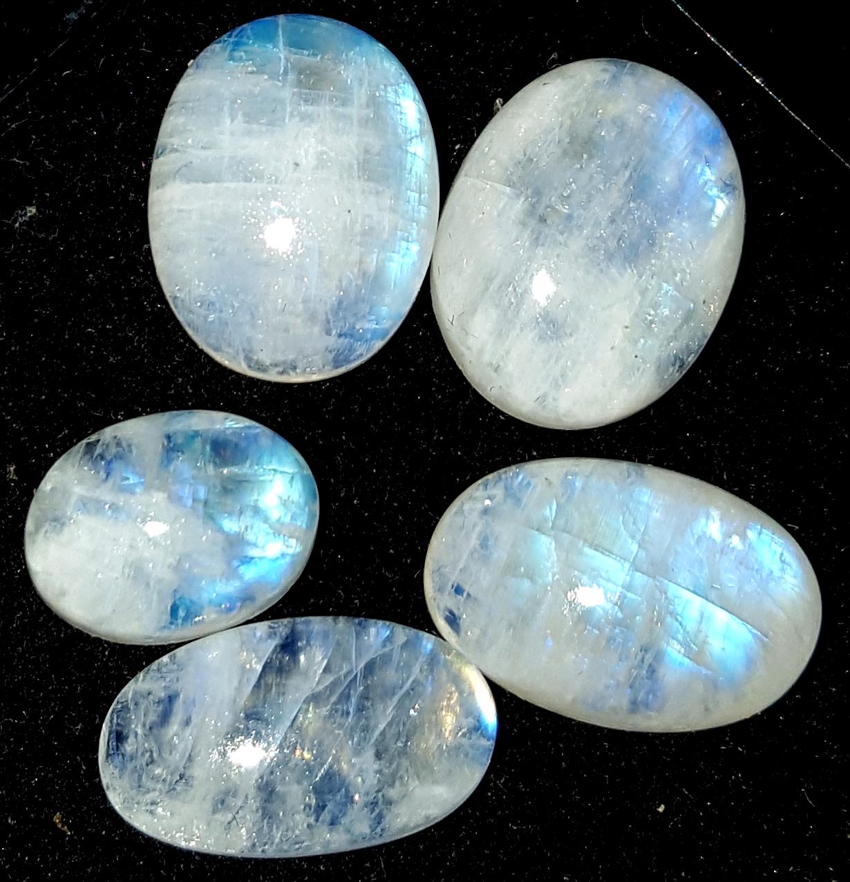 Moonstone, Natural Rainbow Moonstone, Oval Blue Flashy Gemstone Lot, 42.10 Carat, Size-12x9x6mm To 16x13x6mm, Gift For Her, Pc-5